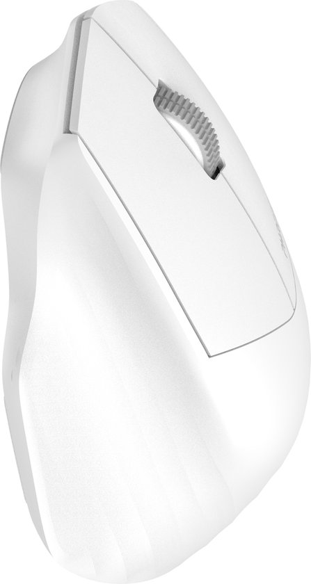 Zijaanzicht van een witte ergonomische draadloze muis.