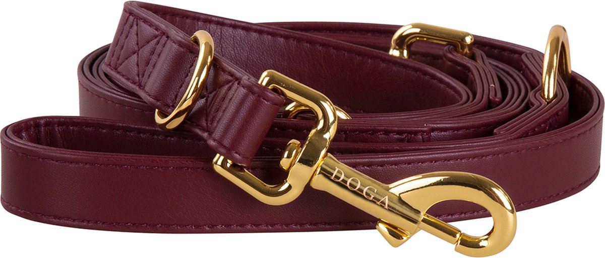 DOGA Hondenriem - Uitlaatriem - Bordeaux Rood - Goud - Verstelbare riem - Lange lijn - Vegan leer - 200 cm - maat S - bijpassende halsband en dispenser mogelijk