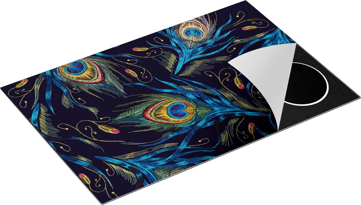 Chefcare Inductie Beschermer Getekende Pauw Veren Achtergrond - 81x52 cm - Afdekplaat Inductie - Kookplaat Beschermer - Inductie Mat