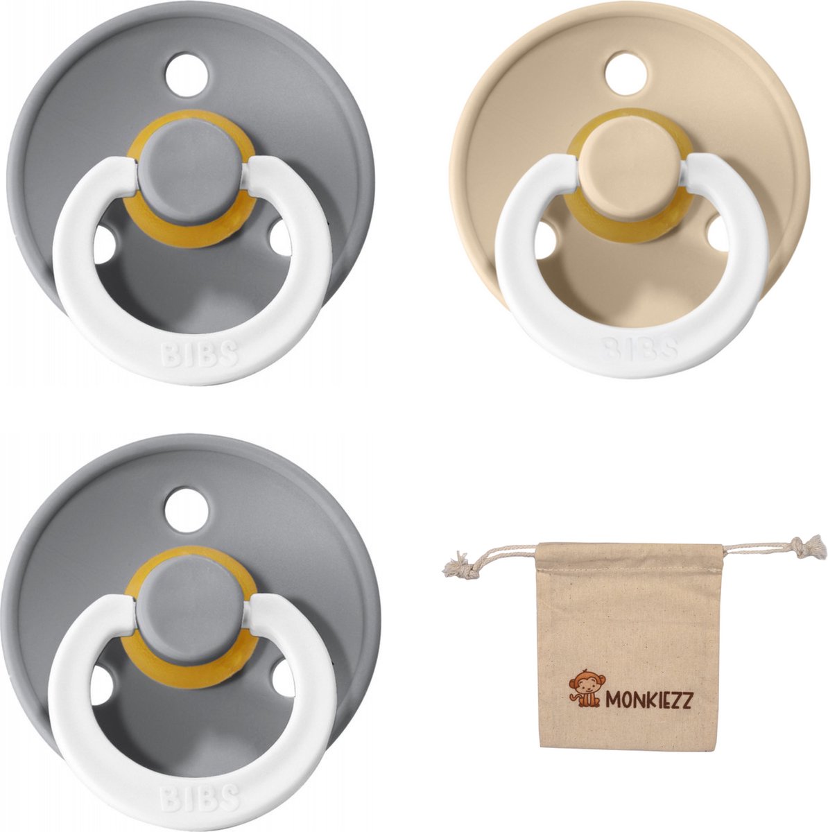 Goedkoopste Bibs fopspenen maat 2 6-18 maanden| Set 3 stuks| Glow cloud, vanilla, cloud Monkiezz speenzakje