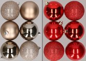 12x stuks kunststof kerstballen mix van champagne en rood 8 cm - Kerstversiering