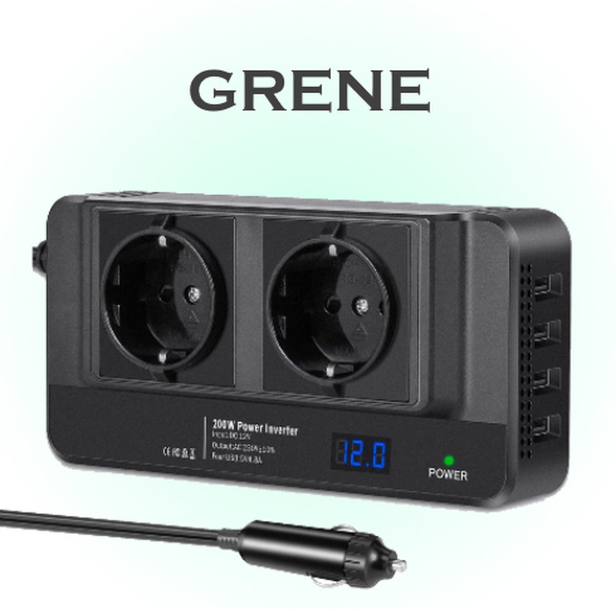 Grene Auto omvormer 12V naar 220/ 230V 2x 230V stopcontact 4x 5V USB oplaadpoorten...