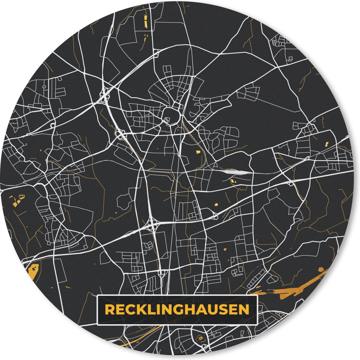 Muismat rond 30x30 cm - Mousepad Duitsland – Black and Gold – Recklinghausen – Stadskaart – Kaart – Plattegrond - Ronde muismatten - Stadskaart