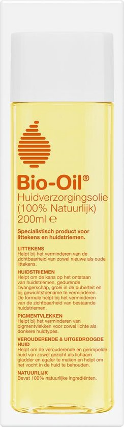 Een fles Bio-Oil Huidverzorgingsolie, 100% Natuurlijk, 200ml, met oranje gestreepte logo op de voorkant.