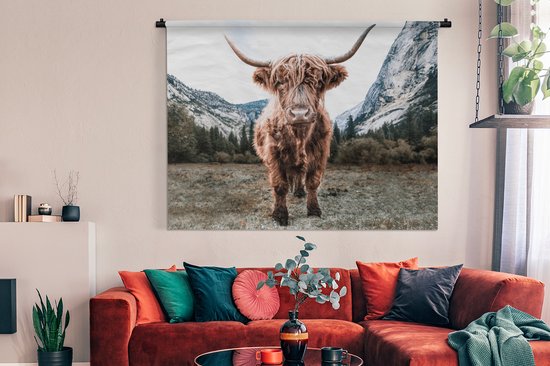 Wandkleed - Wanddoek - Schotse Hooglander - Berg - Dieren - 180x135 cm - Wandtapijt