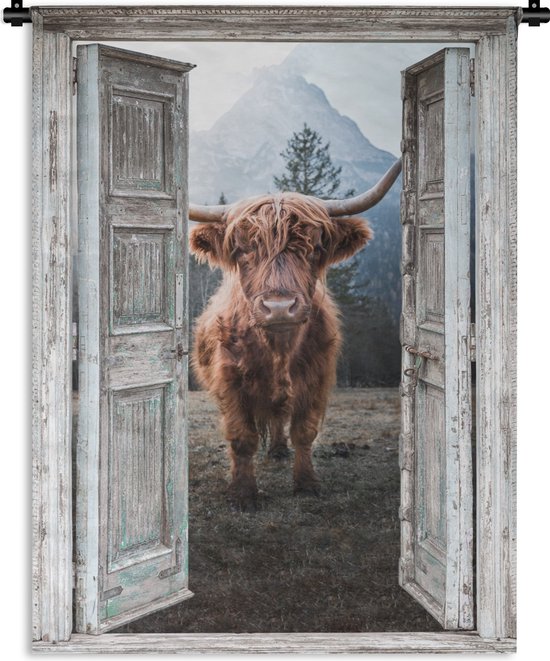 Wandkleed - Wanddoek - Schotse hooglander - Koe - Landelijk - Doorkijk - 120x160 cm - Wandtapijt