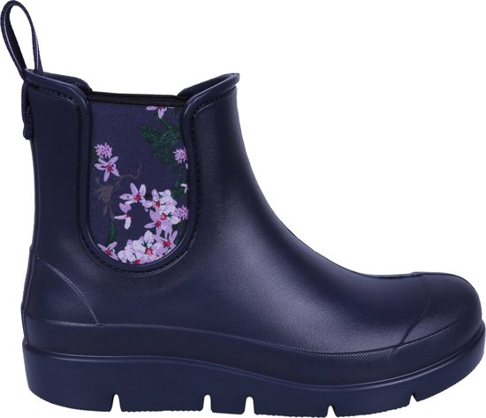 Marineblauwe, modieuze en comfortabele enkel-regenlaarzen voor dames met bloemen - STELLA Lemigo