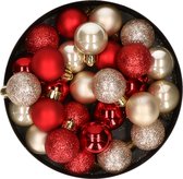 28x stuks kunststof kerstballen parel/champagne en rood mix 3 cm - Kerstboomversiering