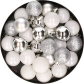 28x stuks kunststof kerstballen zilver en wit mix 3 cm - Kerstboomversiering