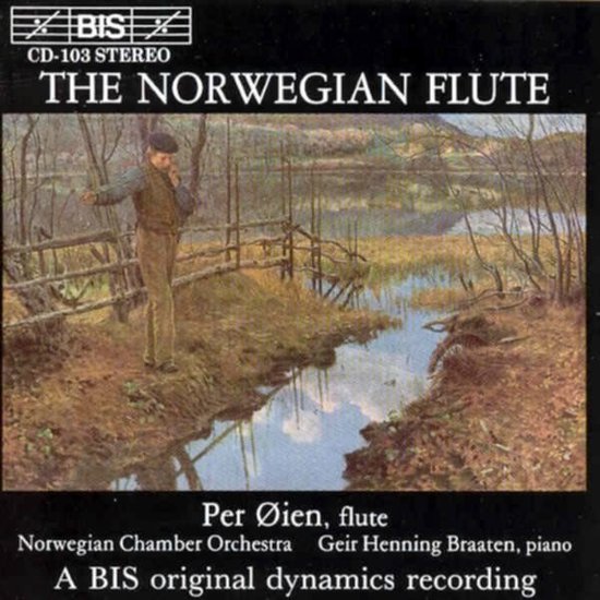 Albumhoes voor 'The Norwegian Flute' met een schilderij van een man met een fluit in een landschap.