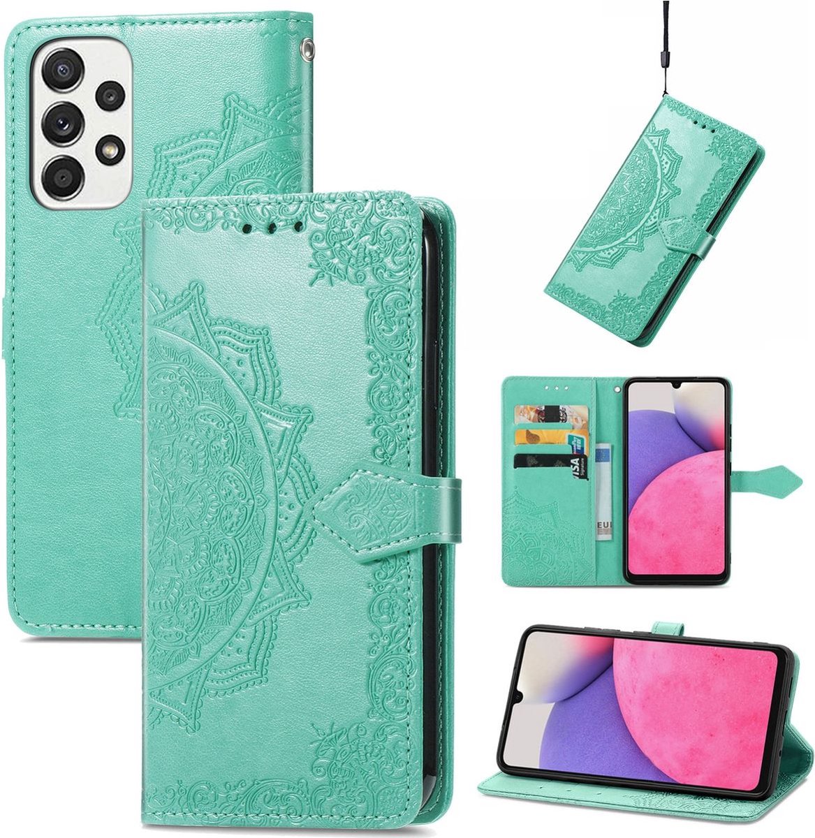 Mobigear Telefoonhoesje geschikt voor Samsung Galaxy A33 Hoesje | Mobigear Mandala Bookcase Portemonnee | Pasjeshouder voor 3 Pasjes | Telefoonhoesje voor Pinpas / OV Kaart / Rijbewijs - Turquoise