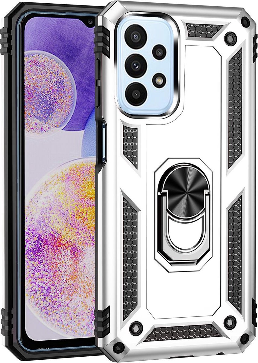 Mobigear Hoesje geschikt voor Samsung Galaxy A23 Telefoonhoesje Hardcase | Mobigear Armor Ring Backcover Shockproof met Ringhouder | Schokbestendig Galaxy A23 Telefoonhoesje | Anti Shock Proof - Zilver
