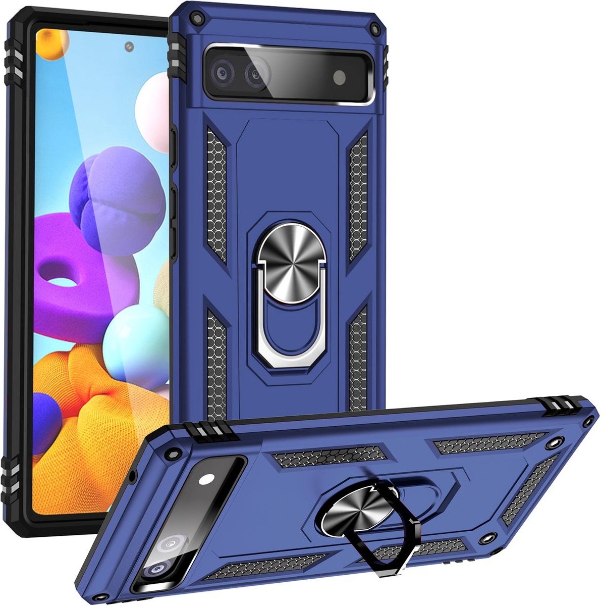 Mobigear Hoesje geschikt voor Google Pixel 6a Telefoonhoesje Hardcase | Mobigear Armor Ring Backcover Shockproof met Ringhouder | Schokbestendig Pixel 6a Telefoonhoesje | Anti Shock Proof - Blauw