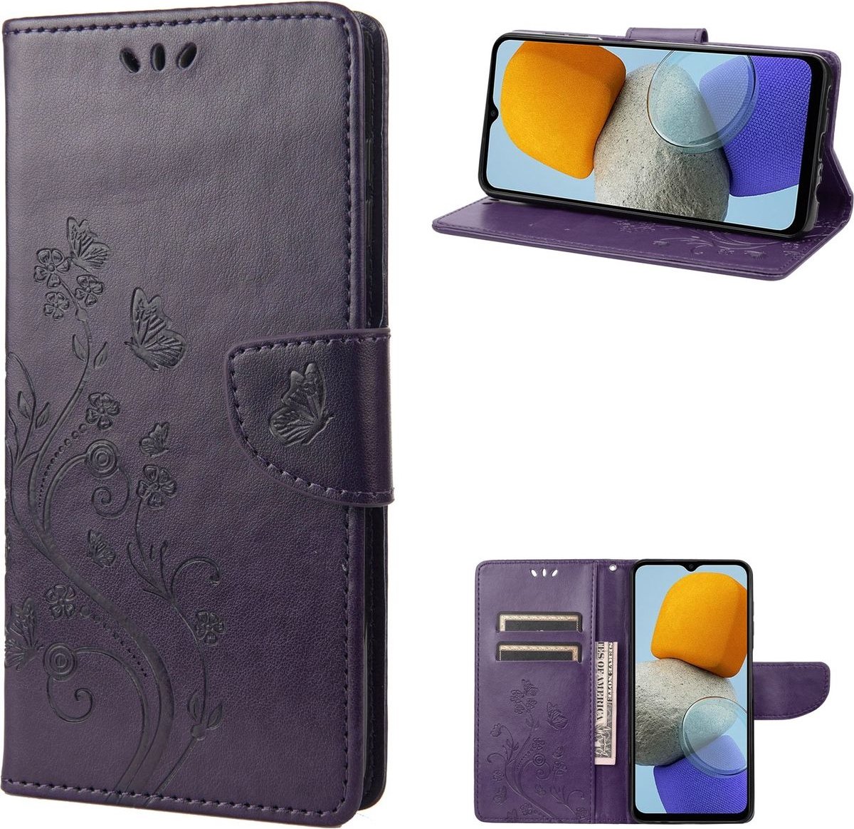 Mobigear Telefoonhoesje geschikt voor Samsung Galaxy M23 Hoesje | Mobigear Flowers Bookcase Portemonnee | Pasjeshouder voor 2 Pasjes | Telefoonhoesje voor Pinpas / OV Kaart / Rijbewijs - Paars