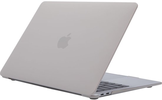 Étui MacBook Pro gris clair, partiellement ouvert, logo Apple sur le capot.