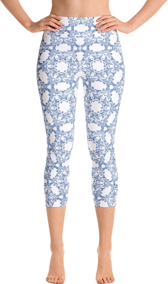 Sportlegging - Capri 3/4 - design Grace in Lace - High Waist - Dry Fit - High Performance - 4way stretch - unieke print - UPF 50+ - Hardloop - Yoga - Fitness - Dans - Pilates - Training - sportbroek - wit klassiekblauw - maat XL — afbeelding 2