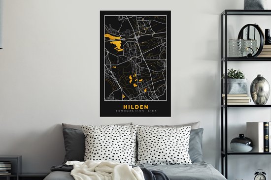 Muurstickers - Sticker Folie - Duitsland – Black and Gold – Hilden – Stadskaart – Kaart – Plattegrond - 60x90 cm - Plakfolie - Muurstickers Kinderkamer - Zelfklevend Behang - Zelfklevend behangpapier - Stickerfolie