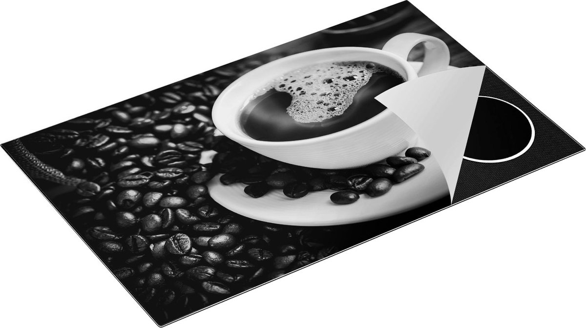Chefcare Inductie Beschermer Kopje Koffie met Koffiebonen - Zwart Wit - 85x55 cm - Afdekplaat Inductie - Kookplaat Beschermer - Inductie Mat