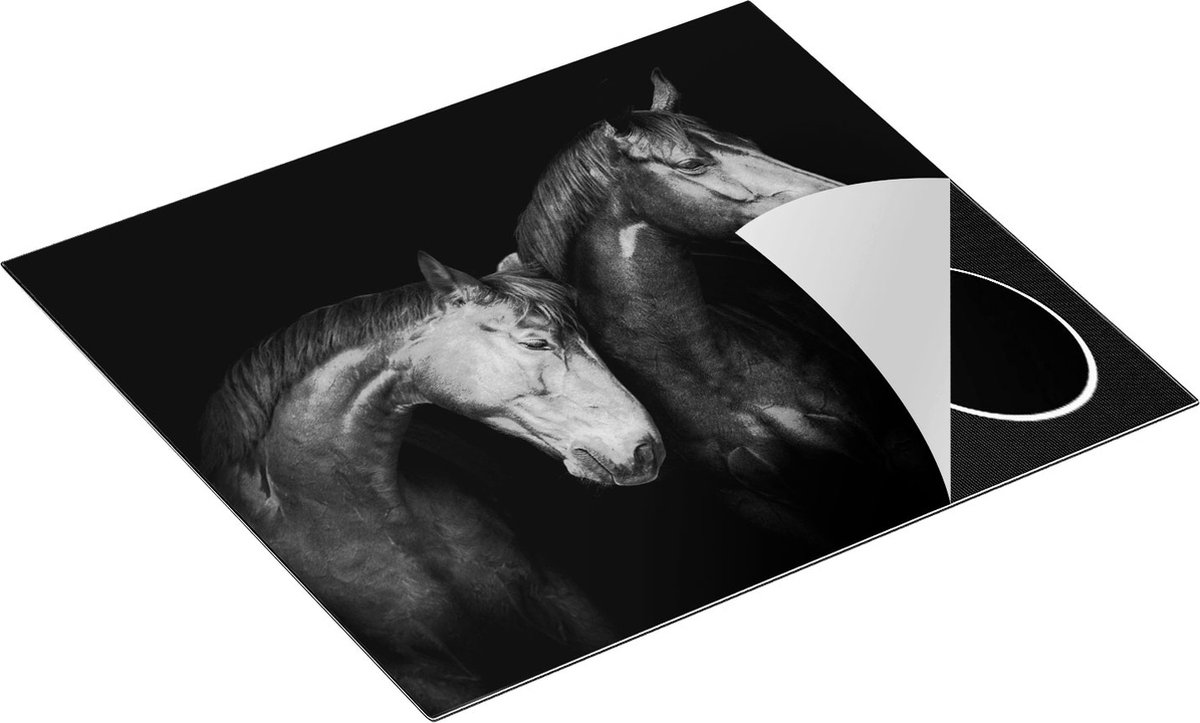 Chefcare Inductie Beschermer Twee Bruine Paarden Koppel - Liefde - Zwart Wit - 57,6x51,6 cm - Afdekplaat Inductie - Kookplaat Beschermer - Inductie Mat