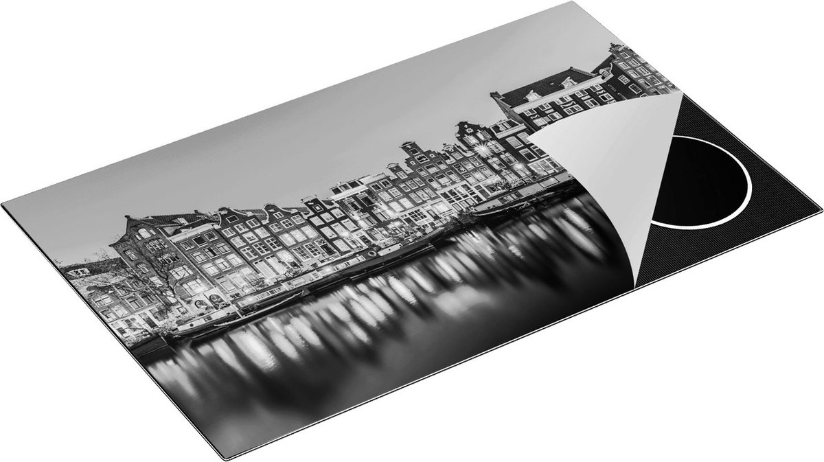 Chefcare Inductie Beschermer Amsterdamse Huisjes in de Avond met Lichten - Zwart Wit - 85x55 cm - Afdekplaat Inductie - Kookplaat Beschermer - Inductie Mat