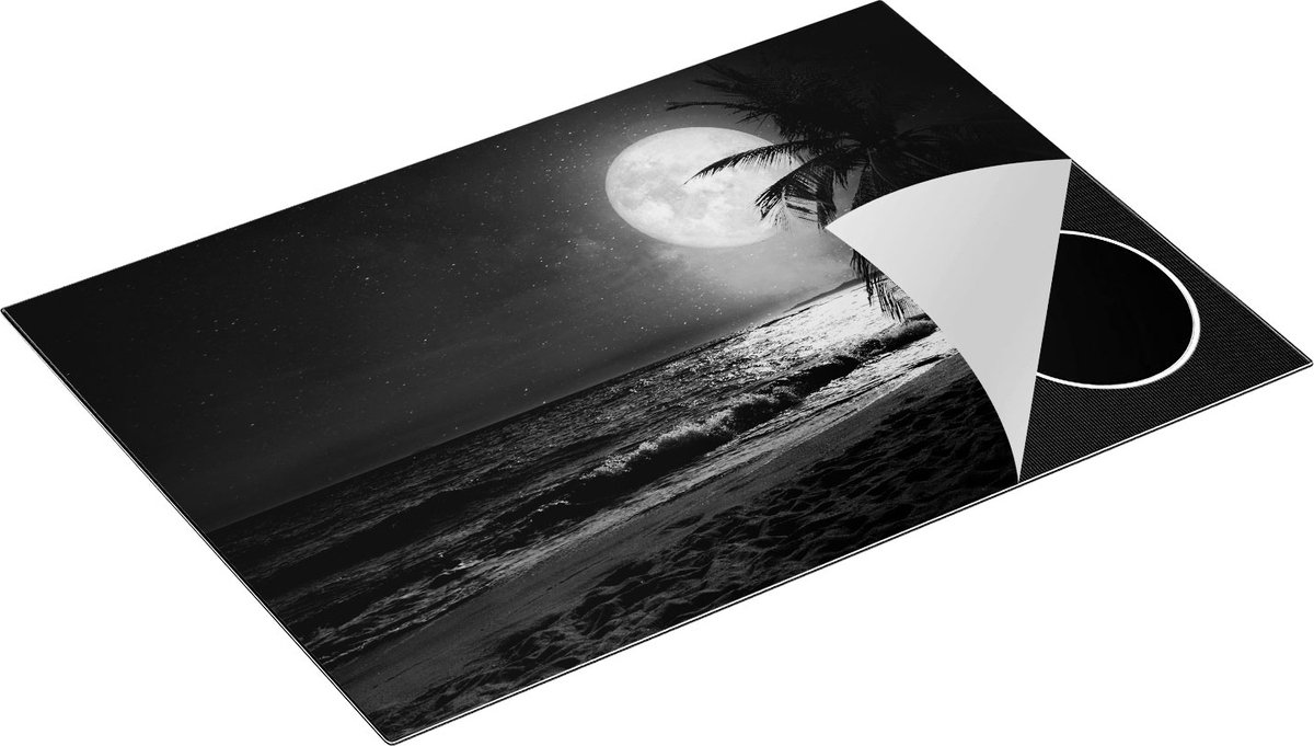 Chefcare Inductie Beschermer Tropisch Strand in de Nacht met Volle Maan - Zwart Wit - 76x51,5 cm - Afdekplaat Inductie - Kookplaat Beschermer - Inductie Mat