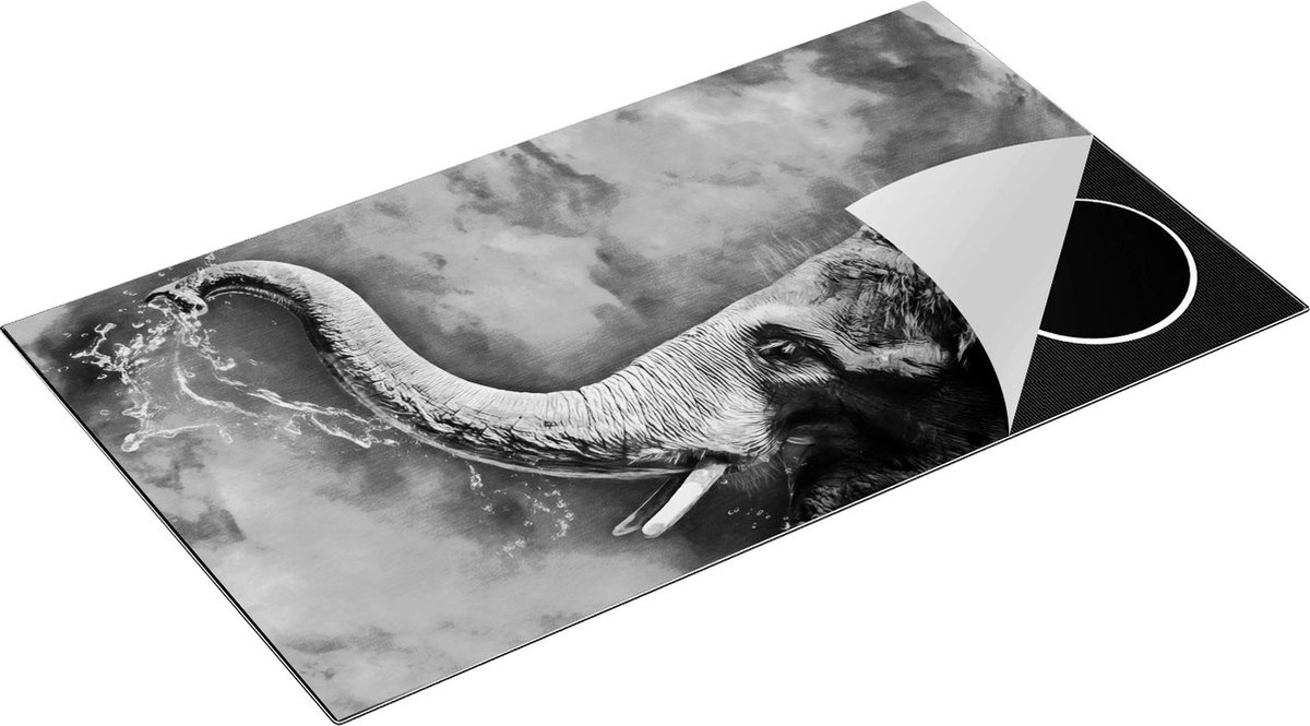 Chefcare Inductie Beschermer Getekende Vrolijke Olifant - Abstract - Zwart Wit - 90x50 cm - Afdekplaat Inductie - Kookplaat Beschermer - Inductie Mat