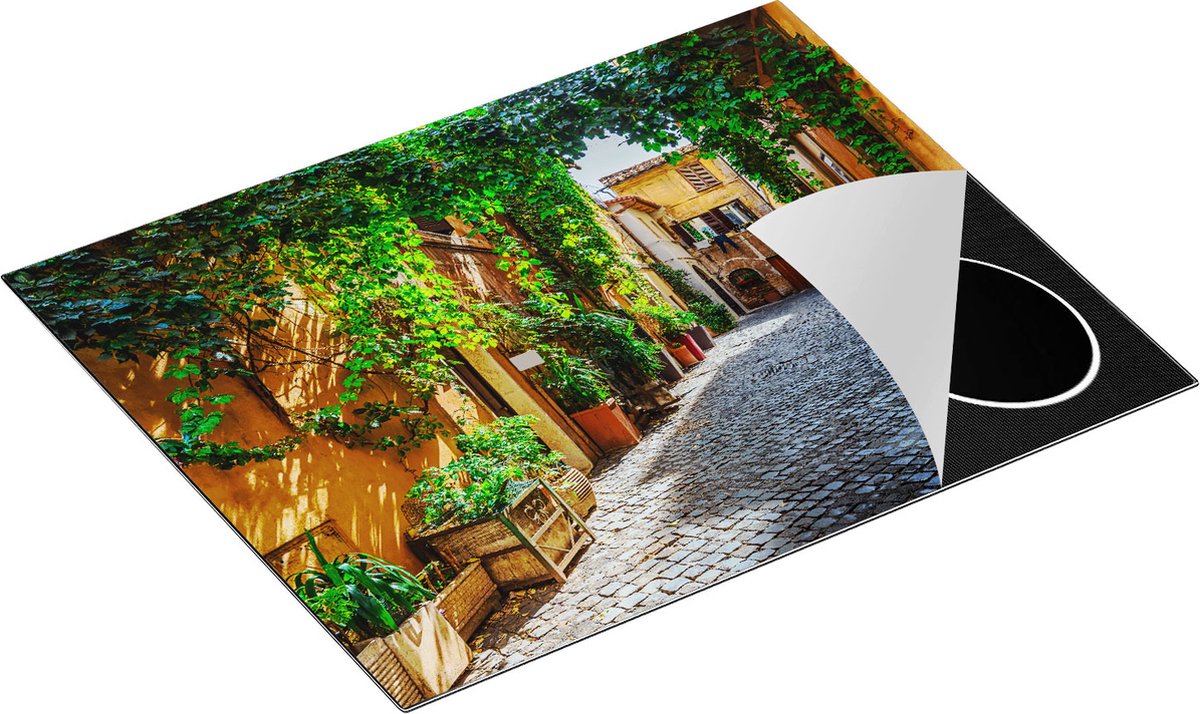 Chefcare Inductie Beschermer Straatje in Rome met Groene Planten - 65x52 cm - Afdekplaat Inductie - Kookplaat Beschermer - Inductie Mat