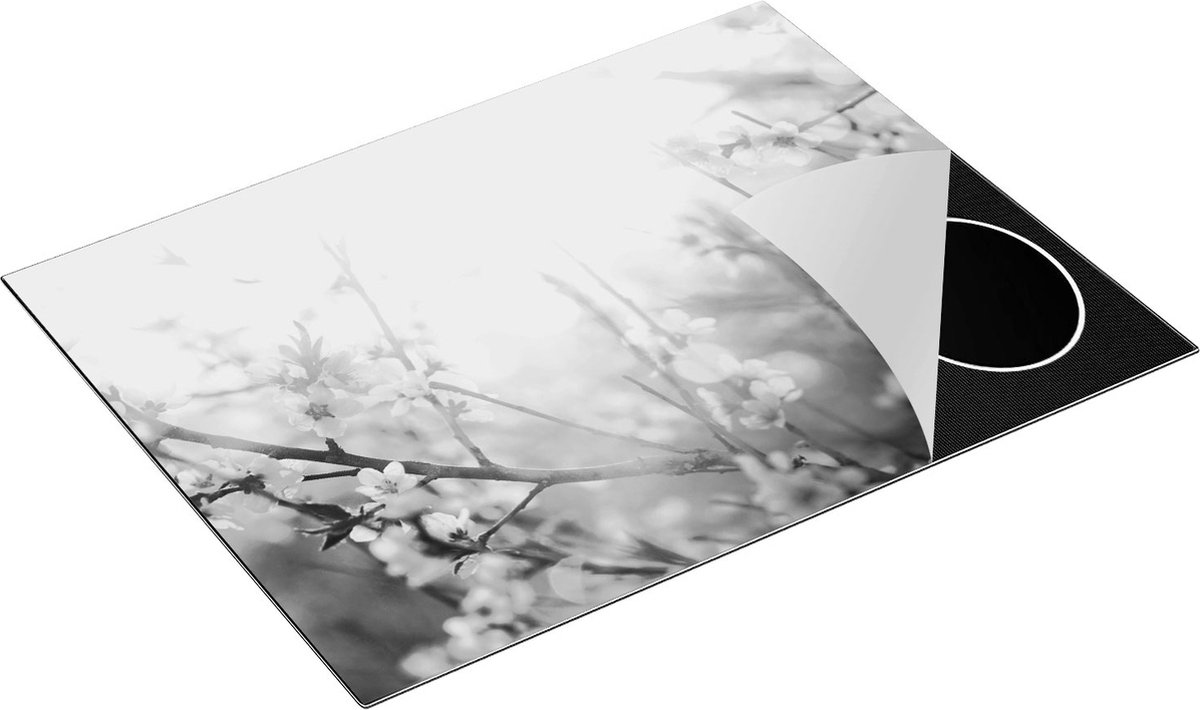 Chefcare Inductie Beschermer Roze Bloesemboom met Zonneschijn - Zwart Wit - 77x59 cm - Afdekplaat Inductie - Kookplaat Beschermer - Inductie Mat
