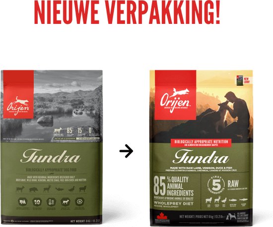 Vergelijking van oude en nieuwe Orijen Tundra hondenvoer verpakkingen.