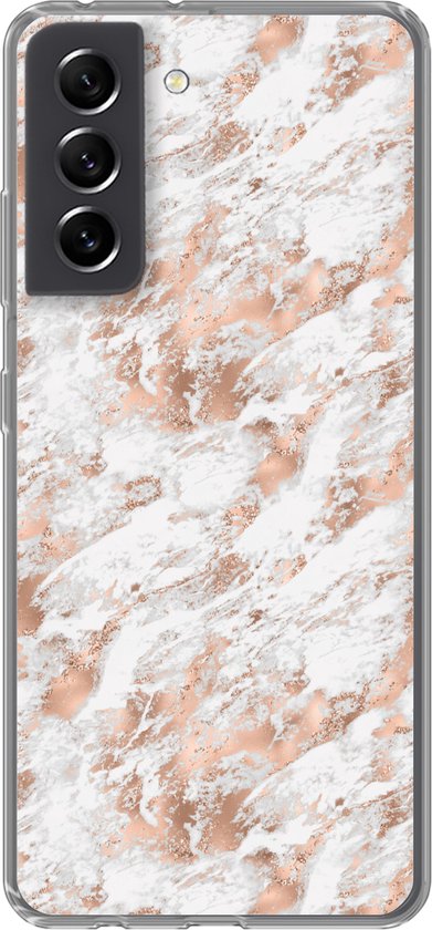 Geschikt voor Samsung Galaxy S21 FE hoesje - Rose goud - Patroon - Marmer print - Luxe - Siliconen Telefoonhoesje