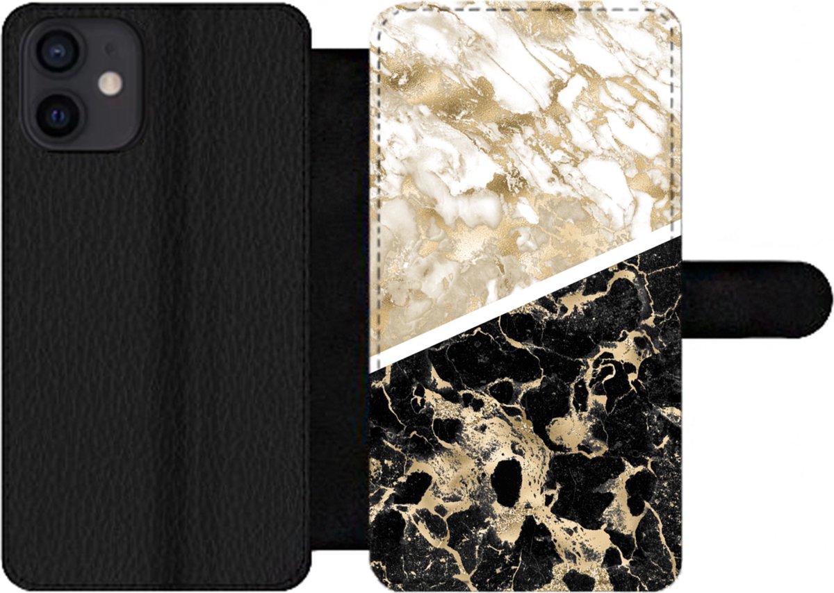 Telefoonhoesje Geschikt voor iPhone 12 telefoonhoesje - Marmer print - Black and gold - Chic - Met vakjes - Wallet case met magneetsluiting