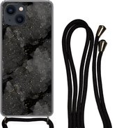Hoesje met koord Geschikt voor iPhone 13 Mini - Marmer print - Glitter - Goud - Zwart - Patronen - Siliconen - Crossbody - Backcover met Koord - Telefoonhoesje met koord - Hoesje met touw