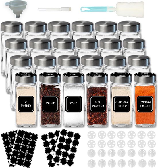 Soothe 24 Glazen Kruidenpotjes Set met 2 Soorten Strooideksels – Kruidenstrooier – Compleet Pakket incl Kruidenpotjes Stickers, Krijtstift en Accessoires