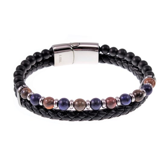 Bracelet Double Multicolore Homme - Cuir Noir - Acier Inoxydable - Perles Natuursteen