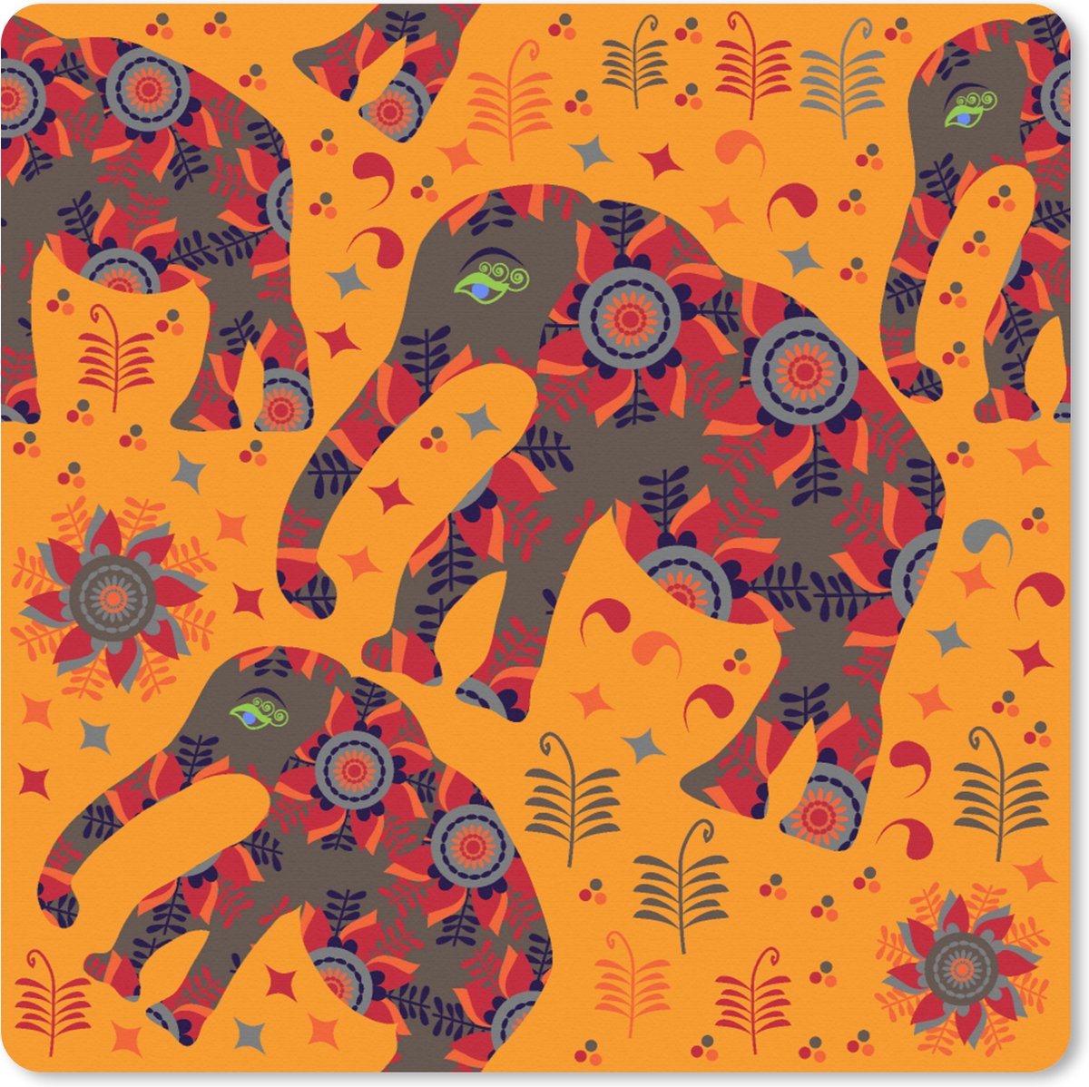 Muismat XXL 50x50 cm - Bureau onderlegger - Bureau mat Olifant - Ornament - Bloemen - Patroon - Bureaumat - Gaming mousepad xl - Bureaulegger groot - Computer deskmat