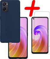 Hoes Geschikt voor OPPO A96 Hoesje Siliconen Back Cover Case Met Screenprotector - Hoesje Geschikt voor OPPO A96 Hoes Cover Hoesje - Donkerblauw