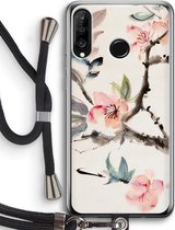 Case Company® - Hoesje met koord geschikt voor Huawei P30 Lite hoesje met Koord - Japanse bloemen - Telefoonhoesje met Zwart Koord - Bescherming aan alle Kanten en Over de Schermrand