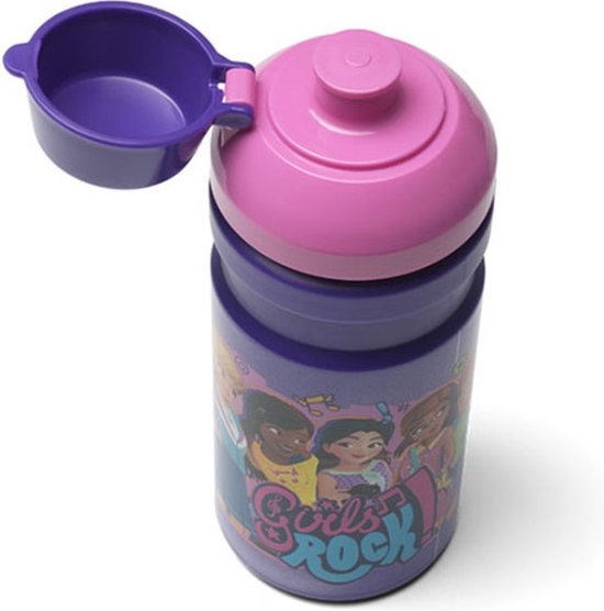 Gourde violette avec illustration LEGO Friends, couvercle violet ouvert et bouchon rose.