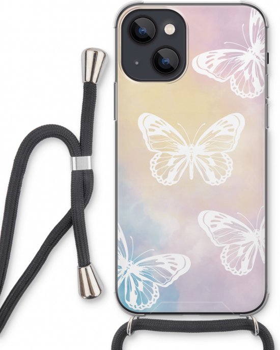 Case Company® - Coque pour iPhone 13 avec cordon - Papillon White - Coque pour téléphone avec cordon Zwart - Protection Extra sur tous les côtés et sur le bord de l'écran