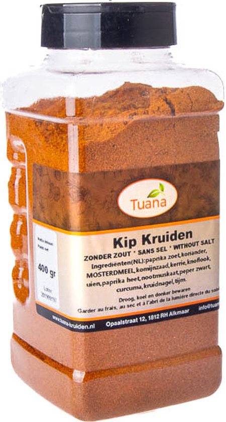 Strooibus met kipkruiden zonder zout van Tuana, 400 gr. Oranje-bruine kruidenmix.