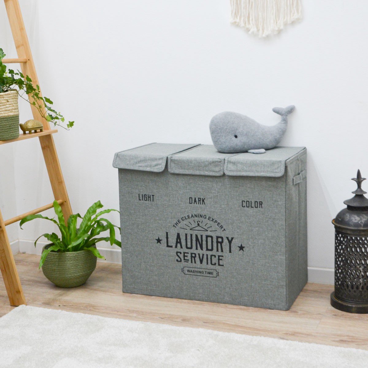 DuneDesign Wasmand met 3 vakken - 84 liter - Grijs - Met deksel - Organizer voor vuile was - Opbergsysteem - Badkamerdecoratie - Wasmand - Badkamerkast