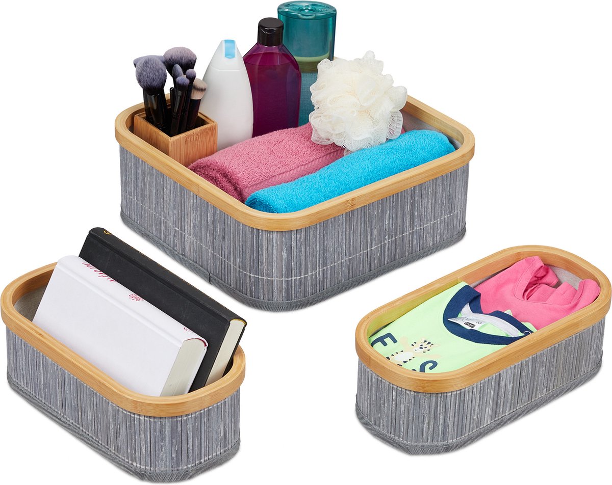 opbergmand set van 3 - badkamer - 2 groottes - stapelbaar - bamboe - stof - grijs