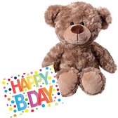 Pluche knuffel teddybeer knuffelbeer van 35 cm met A5-formaat Happy Birthday wenskaart