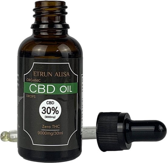 Bruine fles met ETRUN ALISA CBD OIL etiket, 30% CBD, 9000mg/30ml. Druppelaar ernaast.