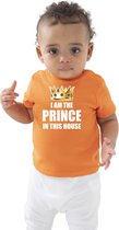 I am the prince in this house met kroon t-shirt oranje baby/peuter voor jongens - Koningsdag / Kingsday - kinder shirtjes / feest t-shirts 3-6 mnd