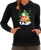Kerstman met rudolf bij Kerstboom Merry Christmas foute Kerst hoodie / hooded sweater - zwart - dames - Kerstkleding / Kerst outfit M