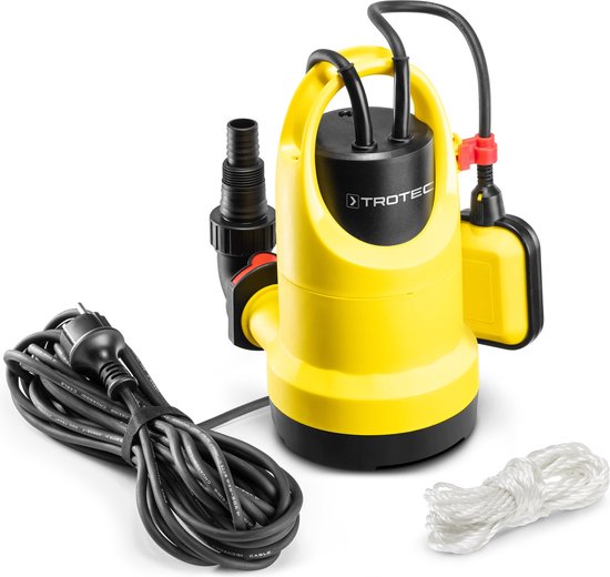 Gele dompelpomp van Trotec met zwarte handgreep, vlotterschakelaar, kabel en touw.