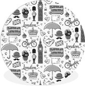 WallCircle - Wandcirkel ⌀ 90 - Patroon van illustraties uit de stad London - zwart wit - Ronde schilderijen woonkamer - Wandbord rond - Muurdecoratie cirkel - Kamer decoratie binnen - Wanddecoratie muurcirkel - Woonaccessoires