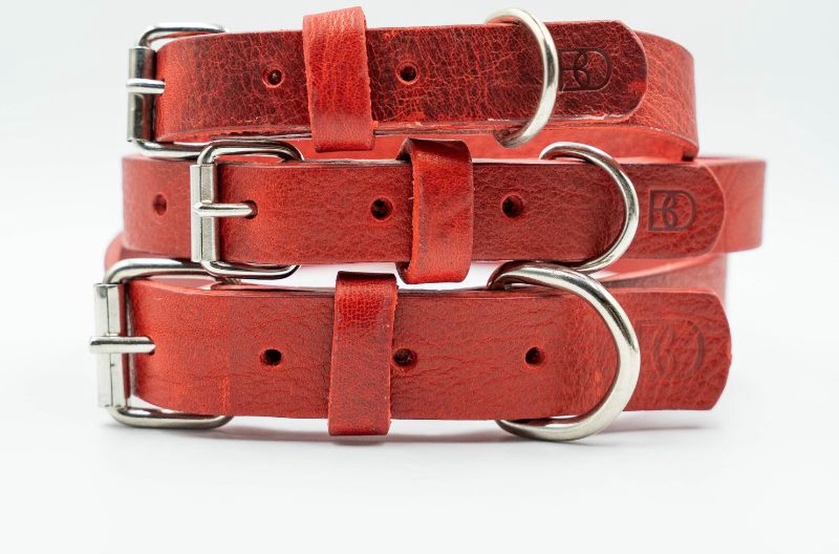 Boef The Label - Leren halsband voor honden - Halsband - Leer - Rustic rood - Rood - Maat L - 43 tot 55cm