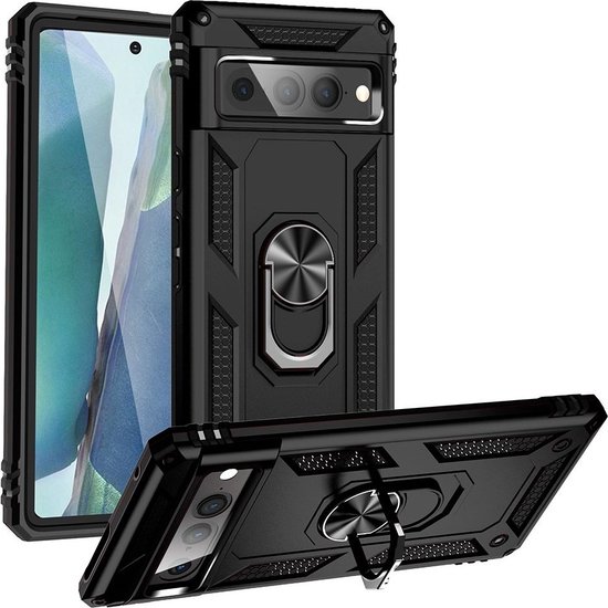 Zwarte telefoonhoes met ringstandaard, gedemonteerd met telefoon.